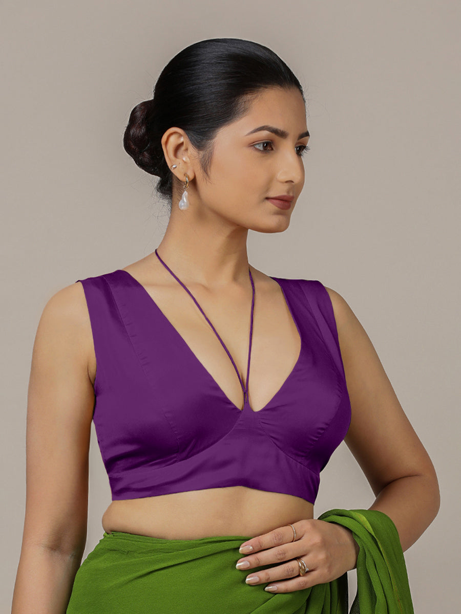 Ahana x Rozaana Saree Blouse, in Purple Vegan Silk, featuring sleeveless and tie-up neckline, made for party & festive (view 5).