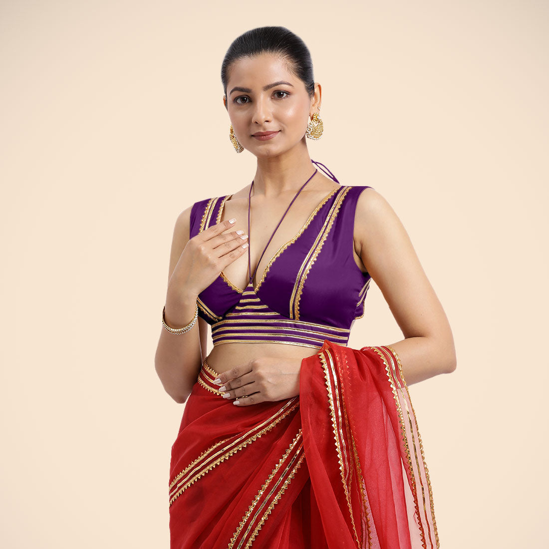 Ahana x Tyohaar Saree Blouse, in Purple Vegan Silk, featuring sleeveless and tie-up neckline, made for party & festive (view 6).