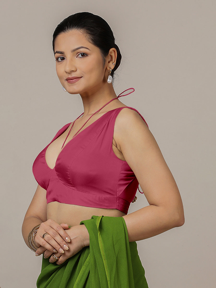 Ahana x Rozaana Saree Blouse, in Pink Vegan Silk, featuring sleeveless and tie-up neckline, made for party & festive (view 4).