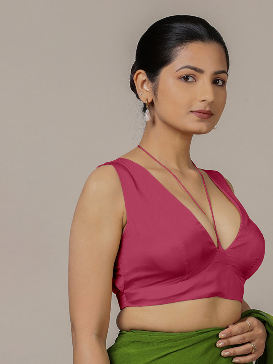 Ahana x Rozaana Saree Blouse, in Pink Vegan Silk, featuring sleeveless and tie-up neckline, made for party & festive (view 5).