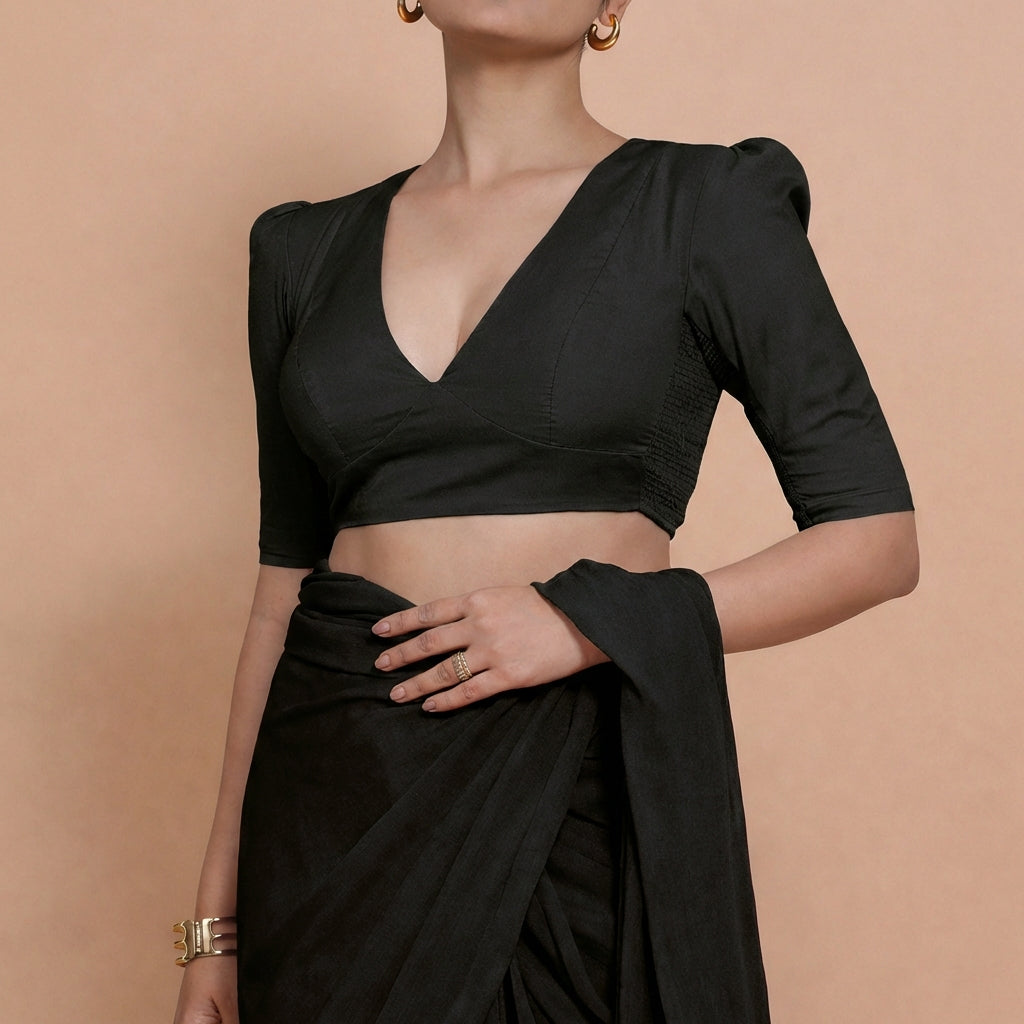 Alaya x Rozaana Saree Blouse, in Black 100% Cotton, featuring elbow sleeves and v-neckline, made for daily & work (view 4).