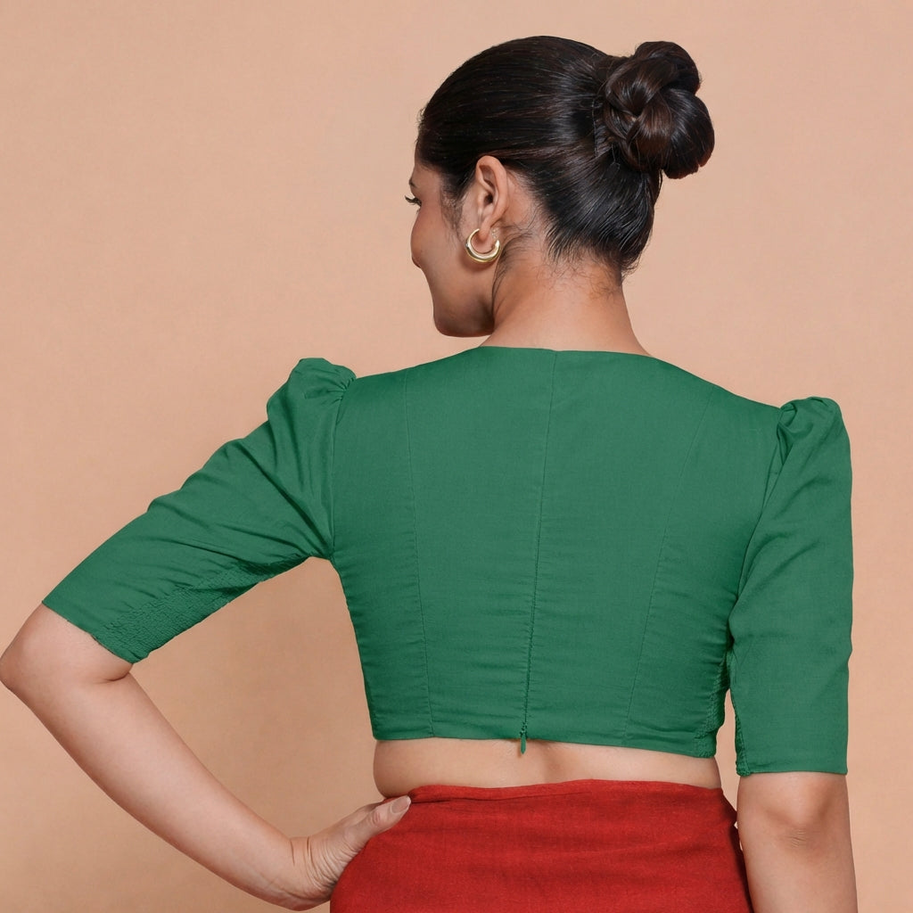Alaya x Rozaana Saree Blouse, in Green 100% Cotton, featuring elbow sleeves and v-neckline, made for daily & work (view 2).