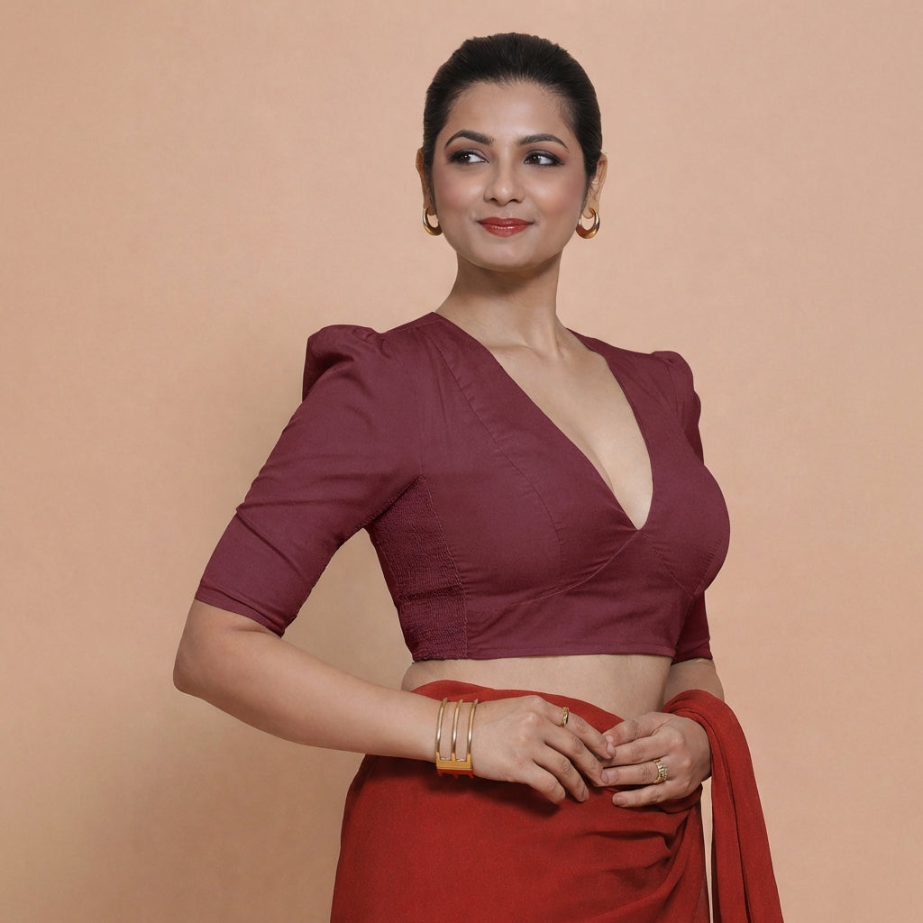 Alaya x Rozaana Saree Blouse, in Maroon 100% Cotton, featuring elbow sleeves and v-neckline, made for daily & work (view 3).