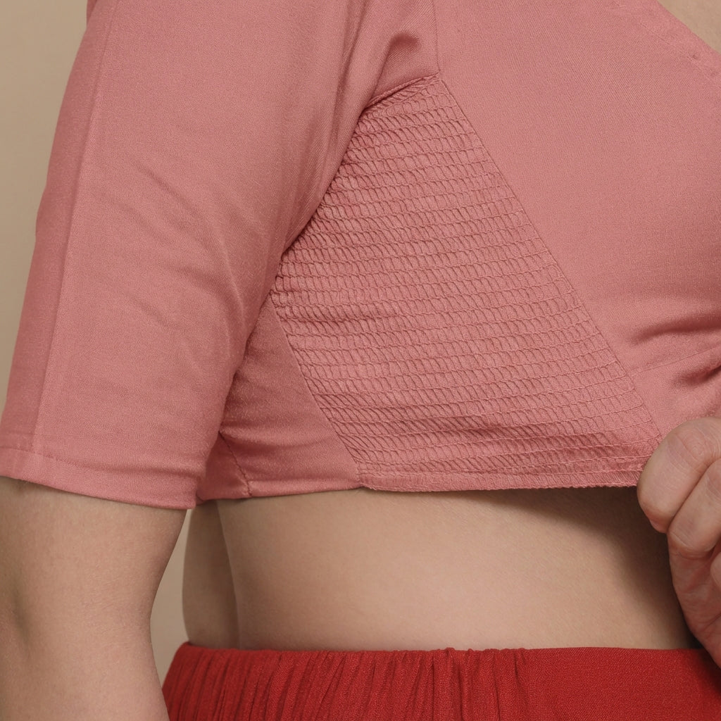Alaya x Rozaana Saree Blouse, in Peach 100% Cotton, featuring elbow sleeves and v-neckline, made for daily & work (view 3).