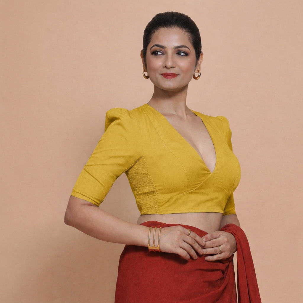 Alaya x Rozaana Saree Blouse, in Yellow 100% Cotton, featuring elbow sleeves and v-neckline, made for daily & work (view 3).
