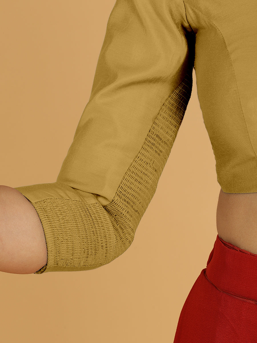 Alia x Rozaana Saree Blouse, in Yellow Viscose, featuring three quarter sleeves and v-neckline, made for daily & work (view 5).