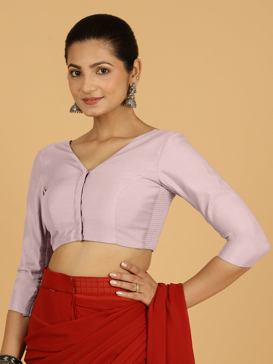 Alia x Rozaana Saree Blouse, in Purple Viscose, featuring three quarter sleeves and v-neckline, made for daily & work.