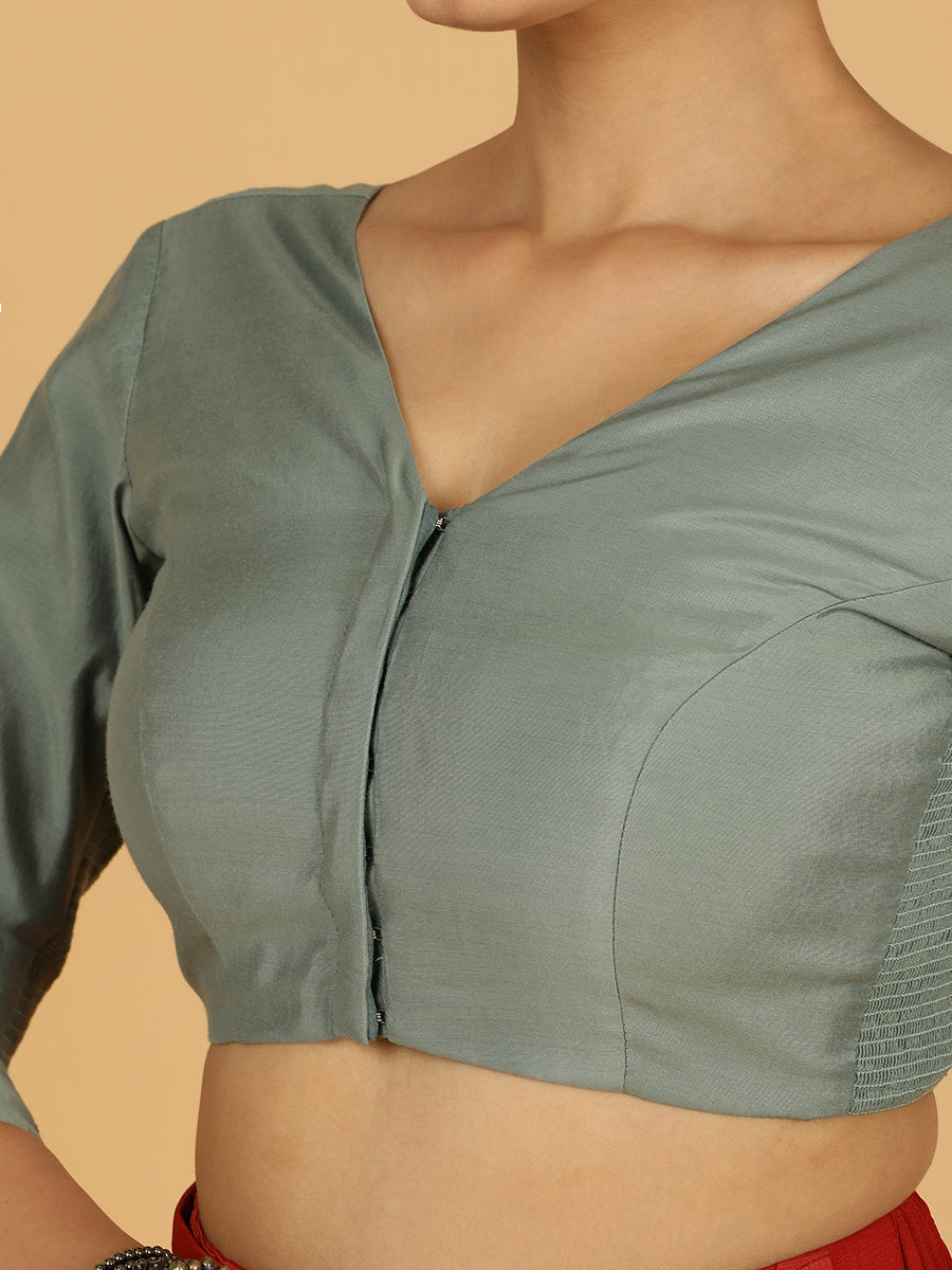 Alia x Rozaana Saree Blouse, in Green Viscose, featuring three quarter sleeves and v-neckline, made for daily & work (view 5).