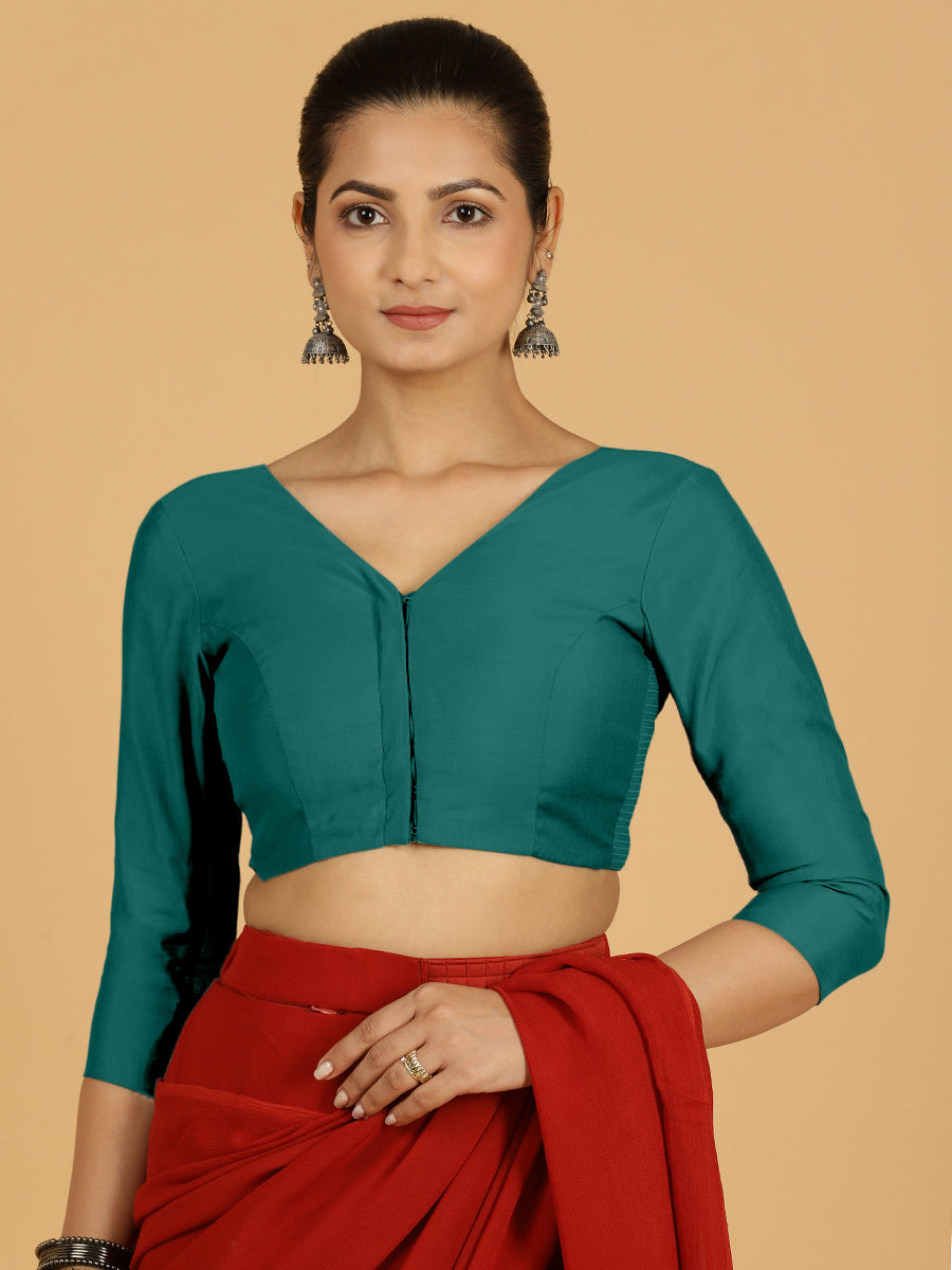 Alia x Rozaana Saree Blouse, in Green Viscose, featuring three quarter sleeves and v-neckline, made for daily & work.