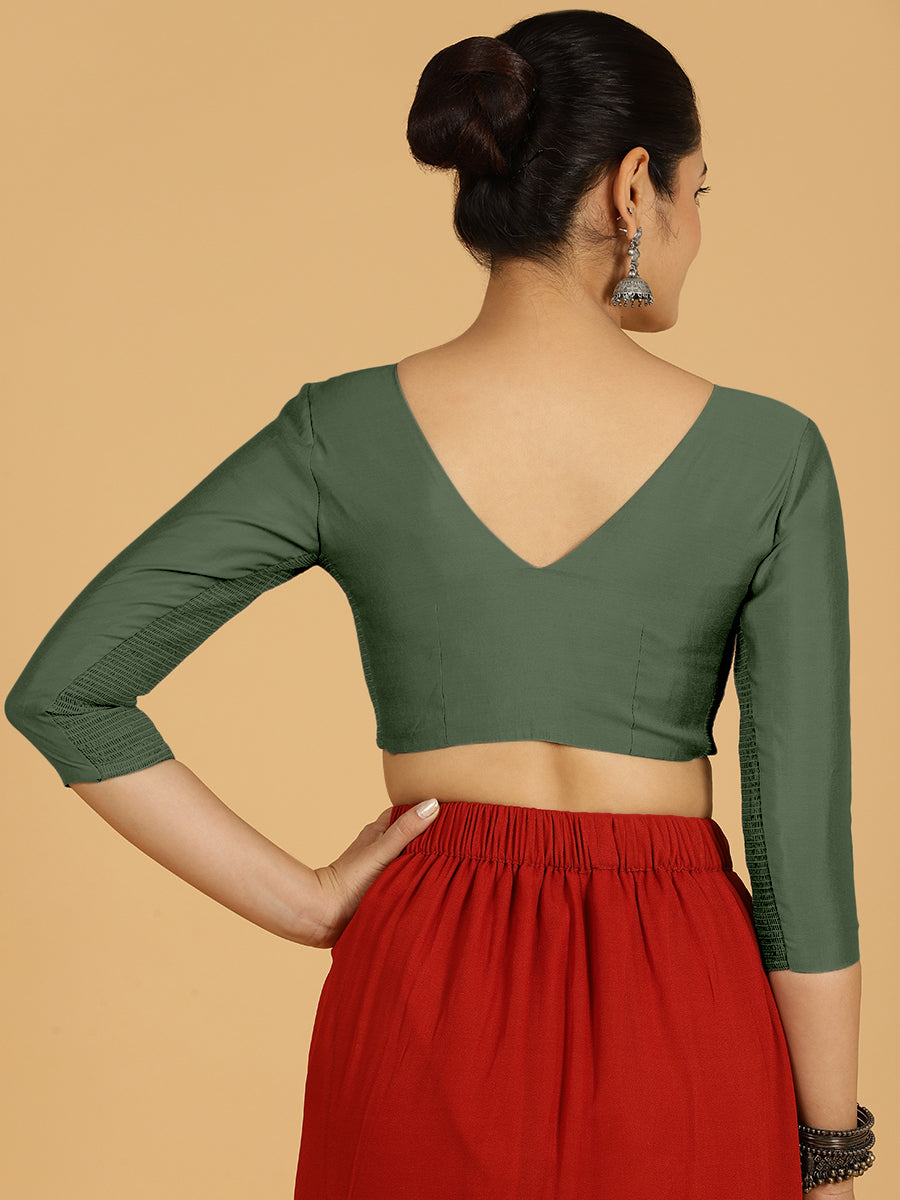 Alia x Rozaana Saree Blouse, in Green Viscose, featuring three quarter sleeves and v-neckline, made for daily & work (view 2).