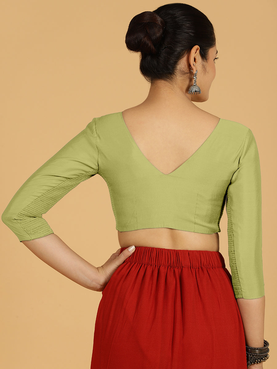 Alia x Rozaana Saree Blouse, in Green Viscose, featuring three quarter sleeves and v-neckline, made for daily & work (view 2).