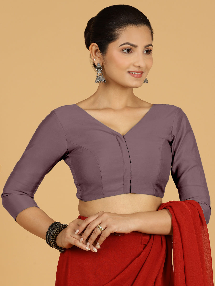 Alia x Rozaana Saree Blouse, in Purple Viscose, featuring three quarter sleeves and v-neckline, made for daily & work (view 6).