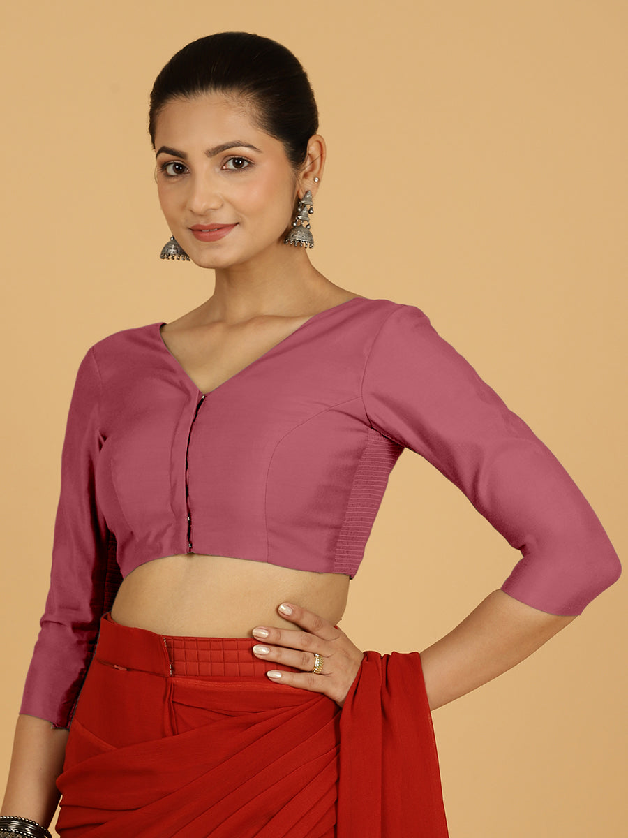 Alia x Rozaana Saree Blouse, in Pink Viscose, featuring three quarter sleeves and v-neckline, made for daily & work.