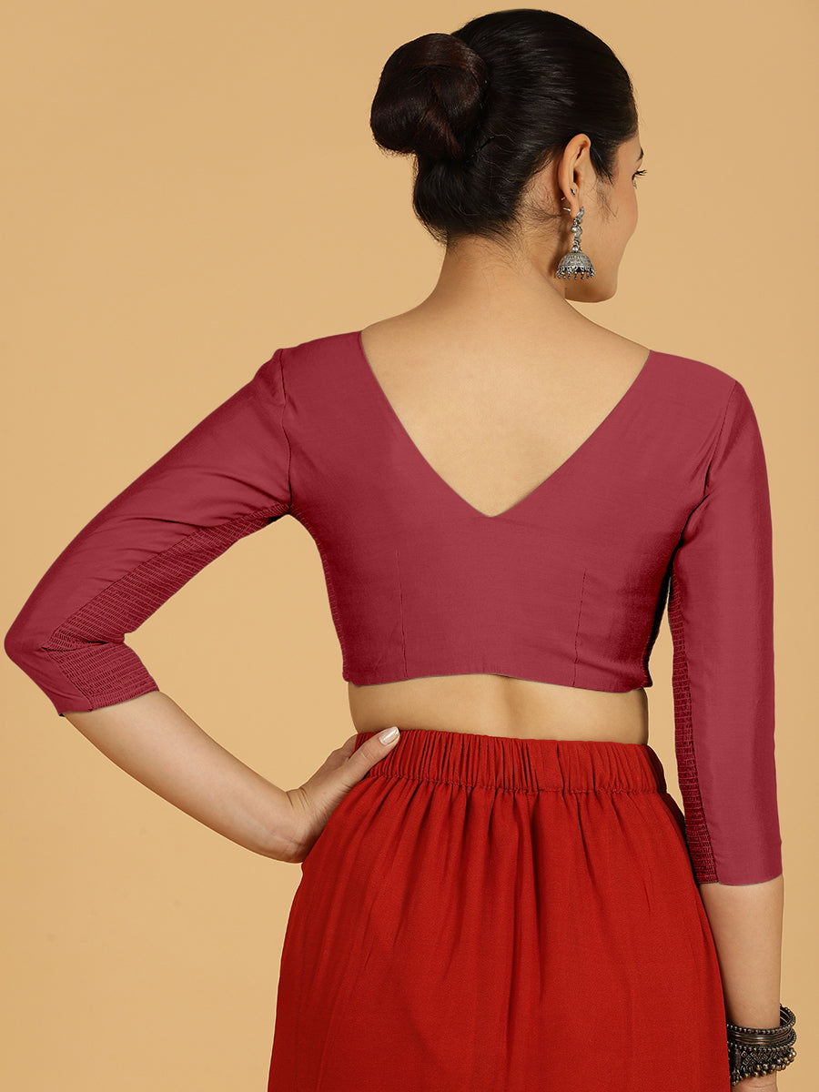 Alia x Rozaana Saree Blouse, in Red Viscose, featuring three quarter sleeves and v-neckline, made for daily & work (view 2).