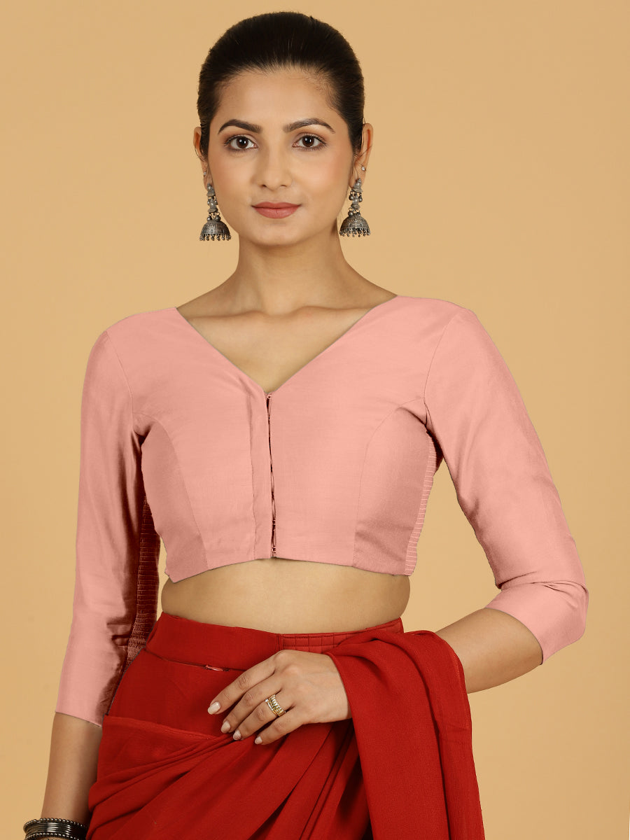 Alia x Rozaana Saree Blouse, in Pink Viscose, featuring three quarter sleeves and v-neckline, made for daily & work.
