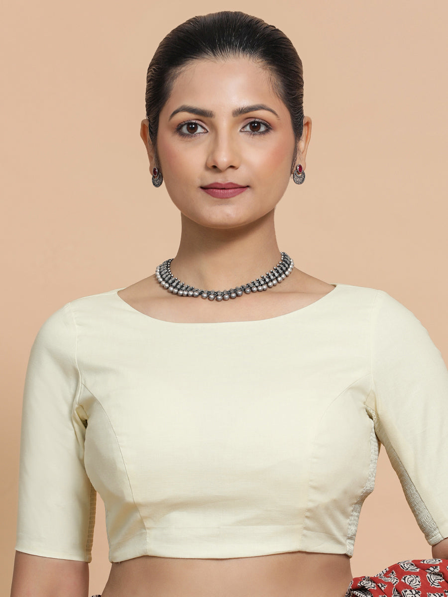 Alka x Rozaana Saree Blouse, in White Linen, featuring elbow sleeves and boat neckline, made for daily & work (view 7).