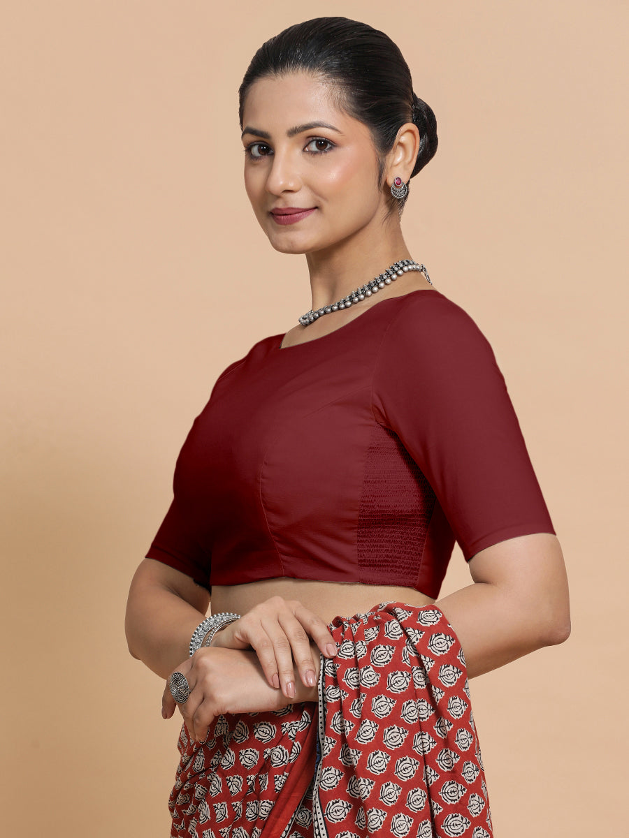 Alka x Rozaana Saree Blouse, in Red Linen, featuring elbow sleeves and boat neckline, made for daily & work (view 6).
