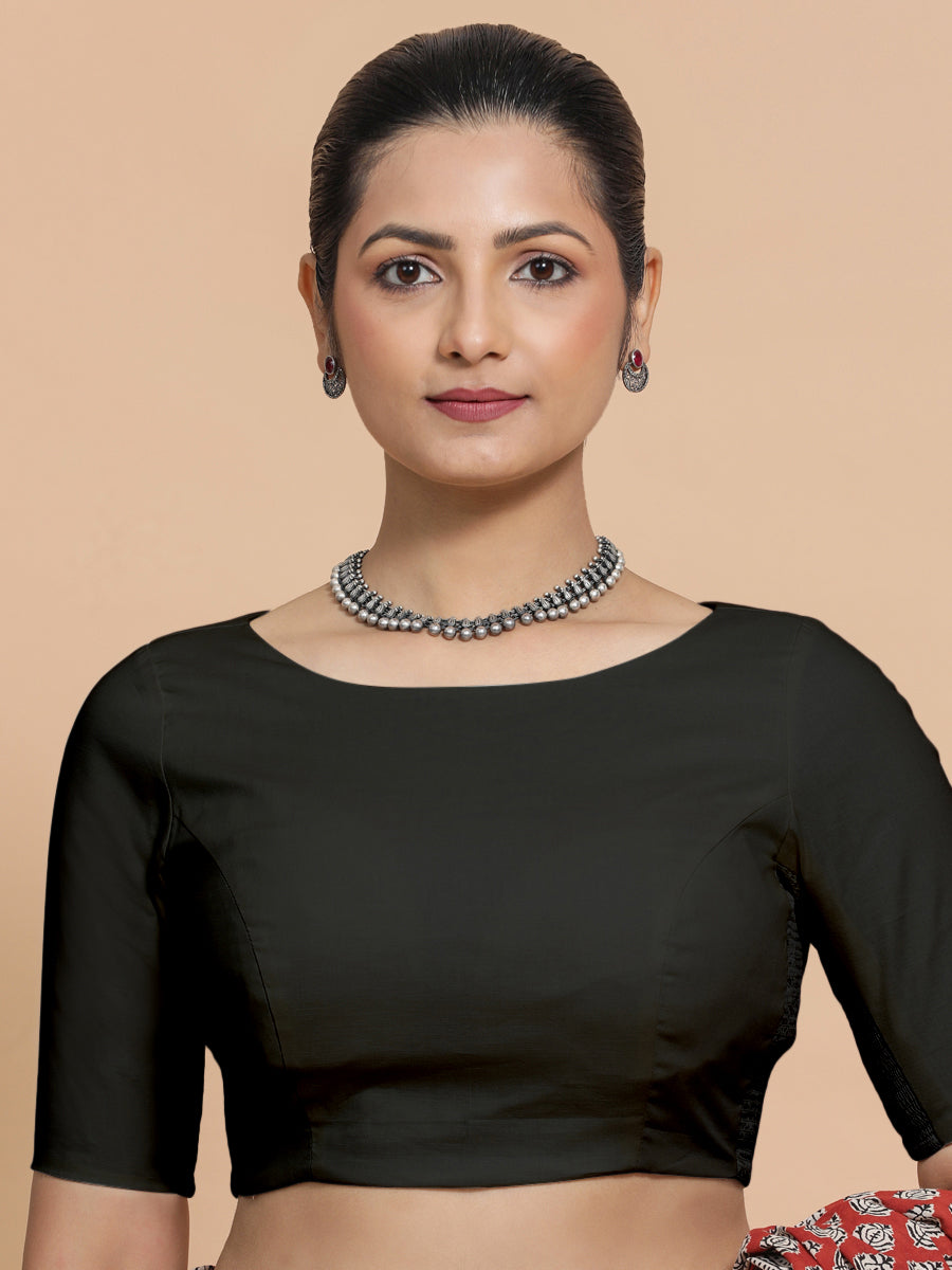 Alka x Rozaana Saree Blouse, in Black Linen, featuring elbow sleeves and boat neckline, made for daily & work (view 6).