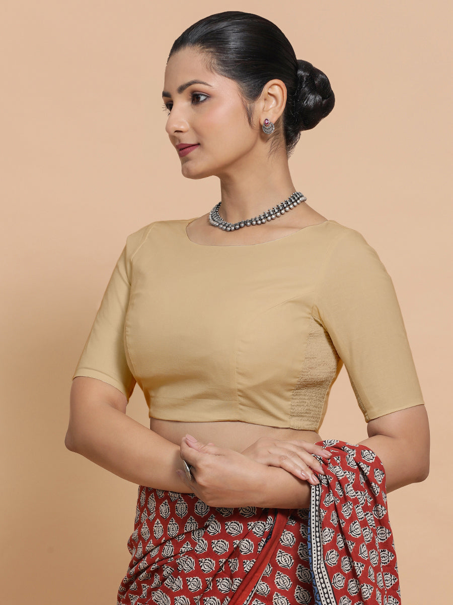 Alka x Rozaana Saree Blouse, in Beige Linen, featuring elbow sleeves and boat neckline, made for daily & work (view 5).