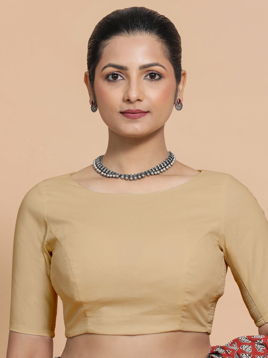 Alka x Rozaana Saree Blouse, in Beige Linen, featuring elbow sleeves and boat neckline, made for daily & work (view 6).