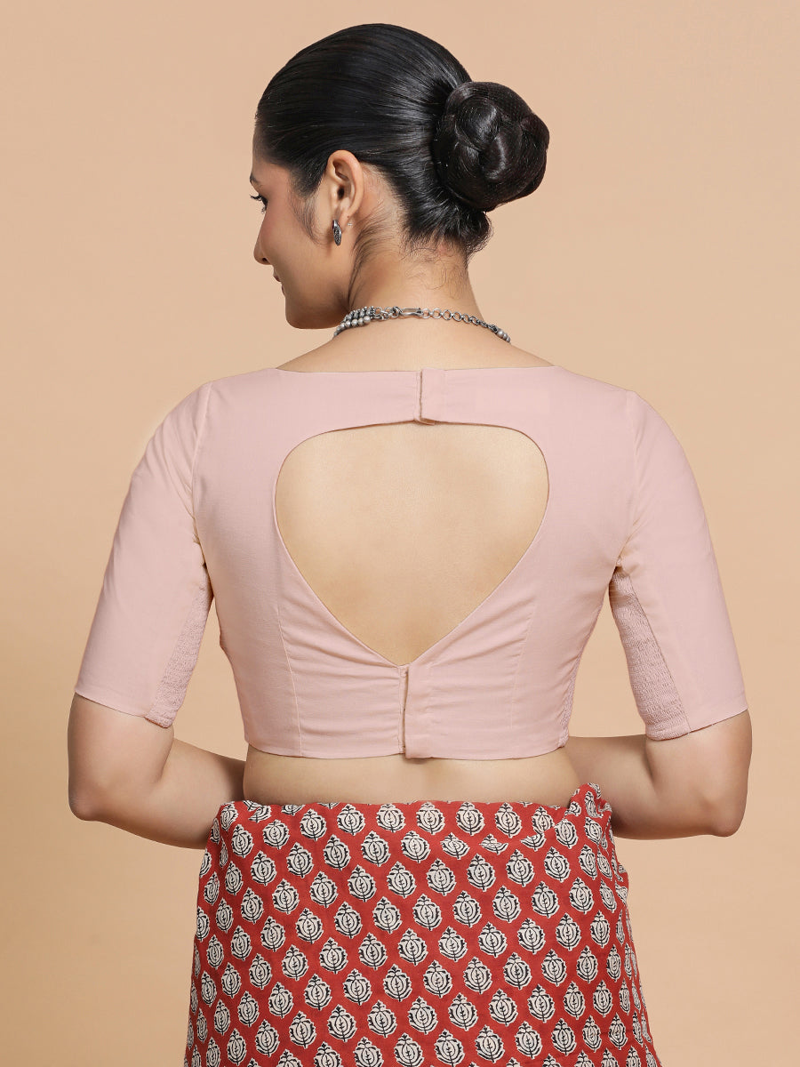 Alka x Rozaana Saree Blouse, in Pink Linen, featuring elbow sleeves and boat neckline, made for daily & work (view 2).