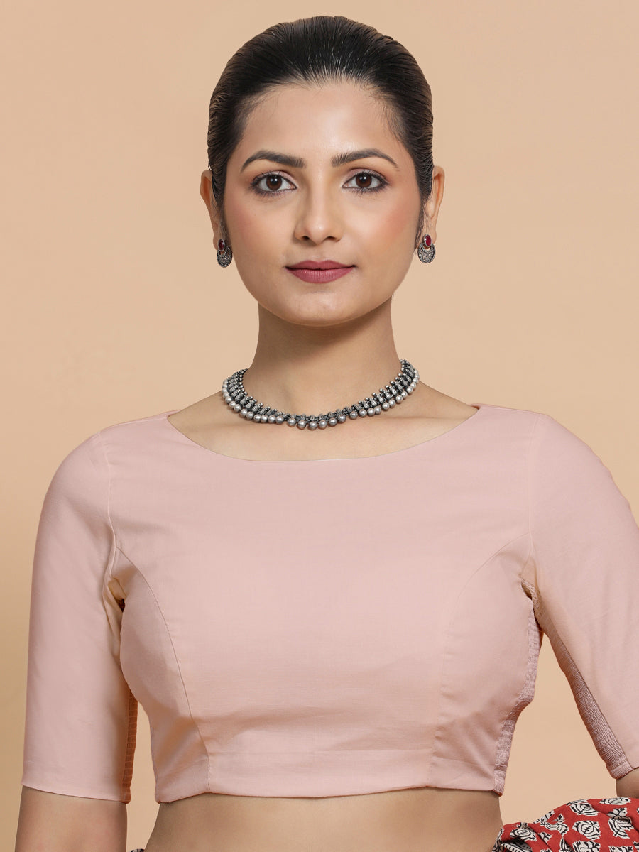 Alka x Rozaana Saree Blouse, in Pink Linen, featuring elbow sleeves and boat neckline, made for daily & work (view 6).