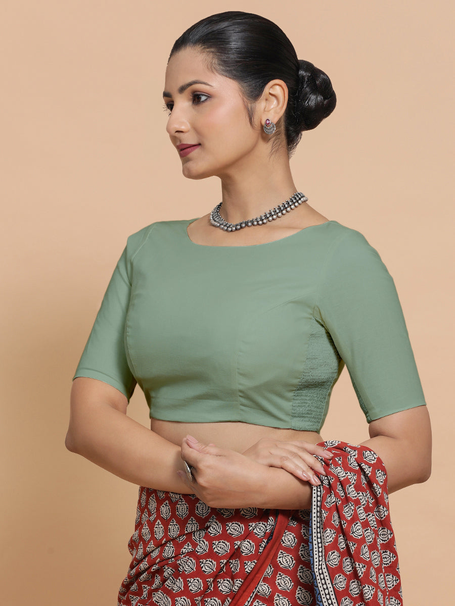 Alka x Rozaana Saree Blouse, in Green Linen, featuring elbow sleeves and boat neckline, made for daily & work (view 5).
