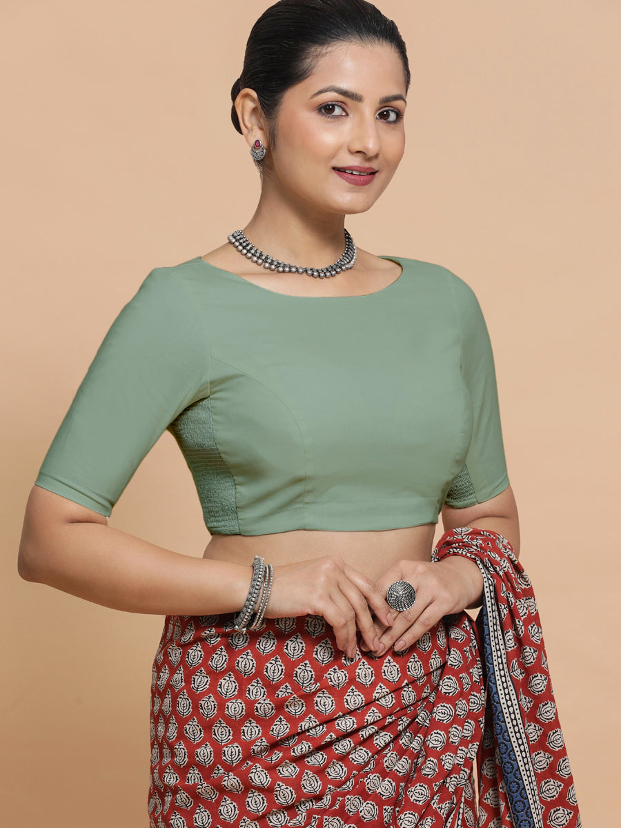 Alka x Rozaana Saree Blouse, in Green Linen, featuring elbow sleeves and boat neckline, made for daily & work (view 7).