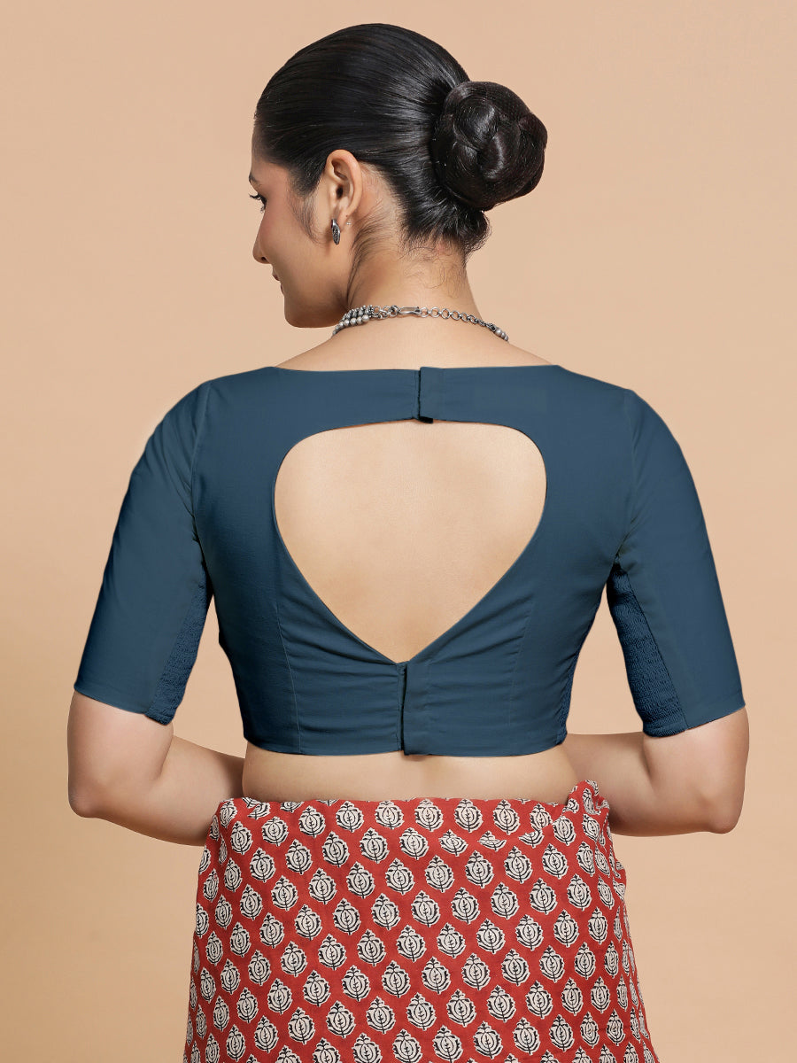 Alka x Rozaana Saree Blouse, in Blue Linen, featuring elbow sleeves and boat neckline, made for daily & work (view 2).
