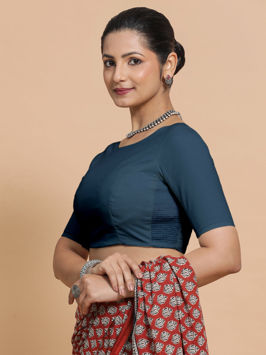 Alka x Rozaana Saree Blouse, in Blue Linen, featuring elbow sleeves and boat neckline, made for daily & work (view 5).