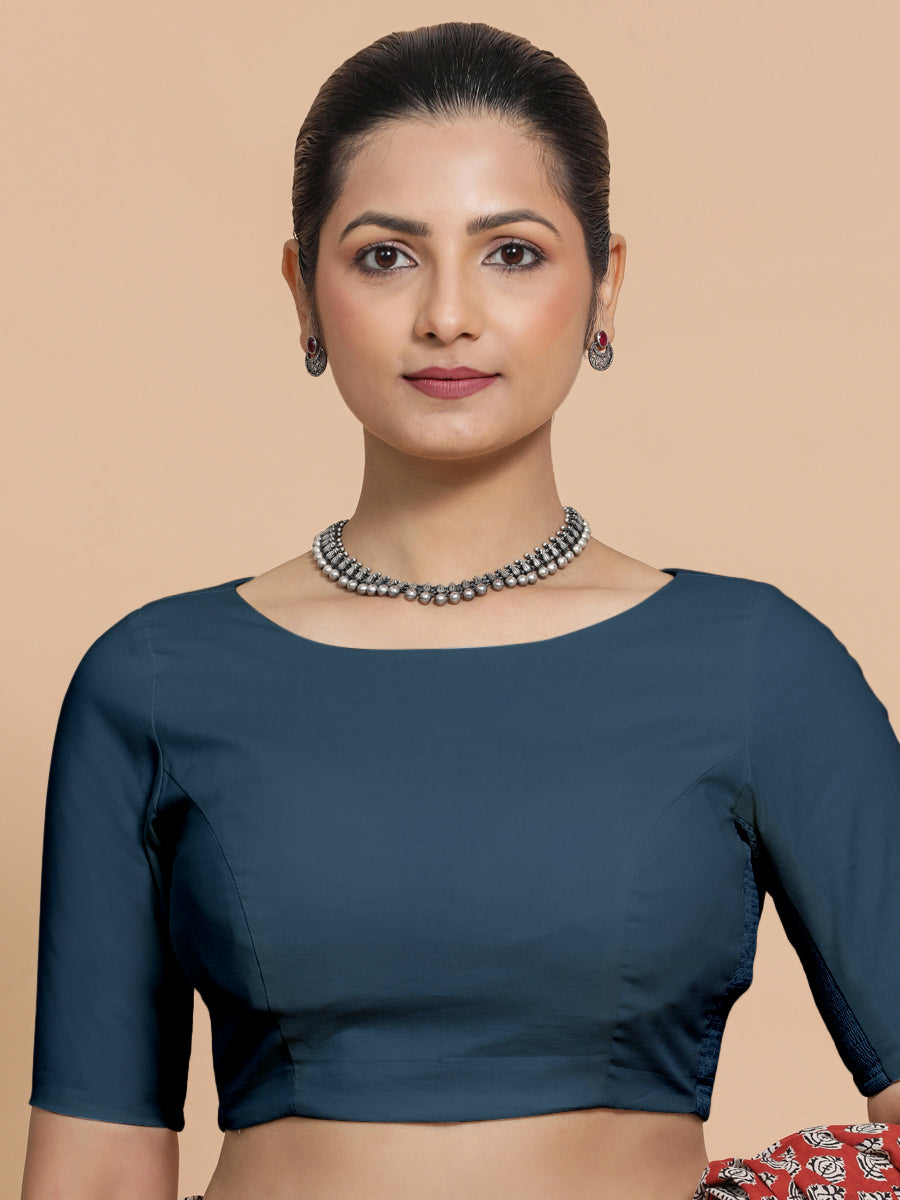 Alka x Rozaana Saree Blouse, in Blue Linen, featuring elbow sleeves and boat neckline, made for daily & work (view 6).