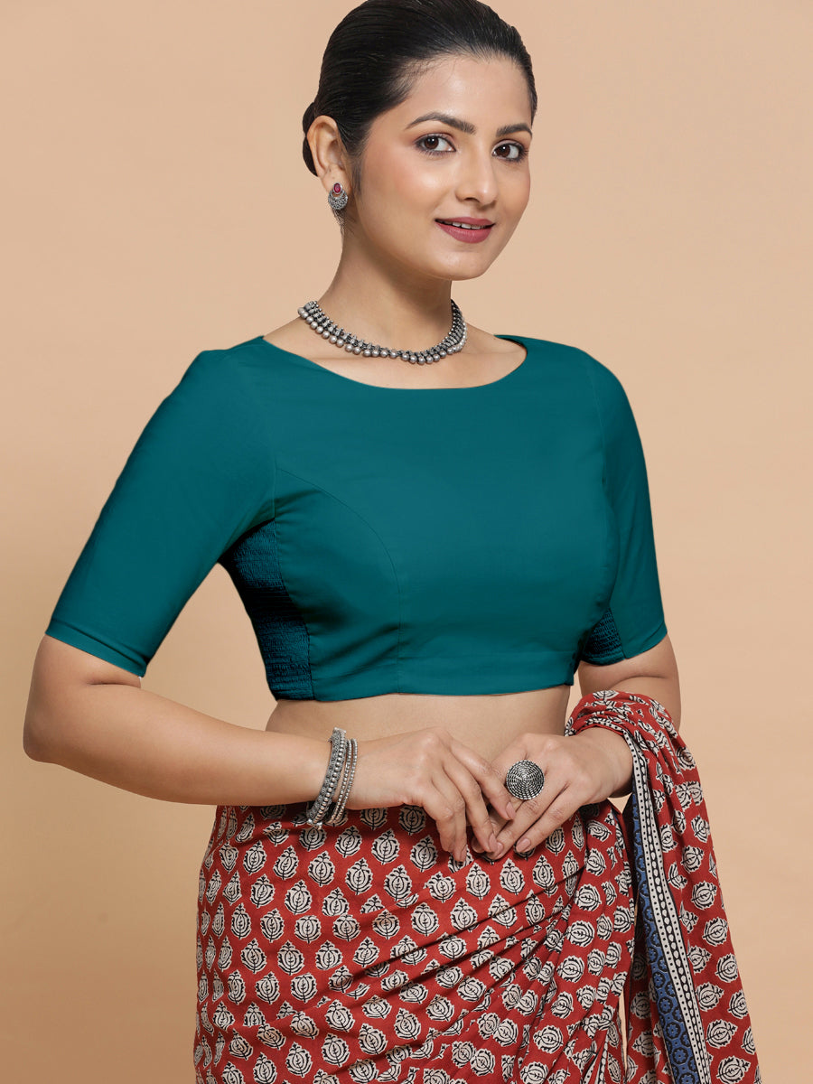 Alka x Rozaana Saree Blouse, in Blue Linen, featuring elbow sleeves and boat neckline, made for daily & work (view 7).