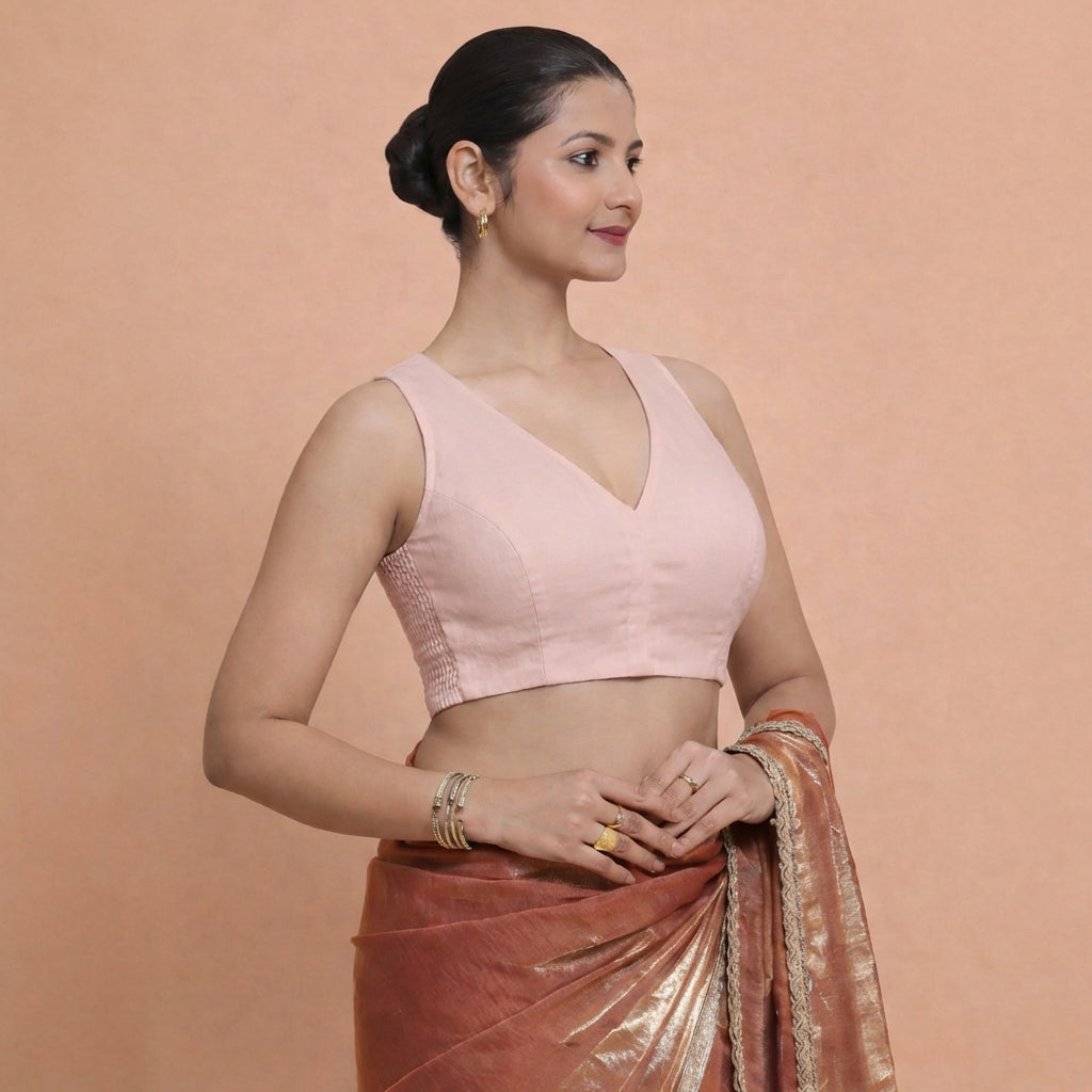 Amaira x Rozaana Saree Blouse, in Pink 70% Cotton 30% Linen, featuring sleeveless and betel neckline (view 4).