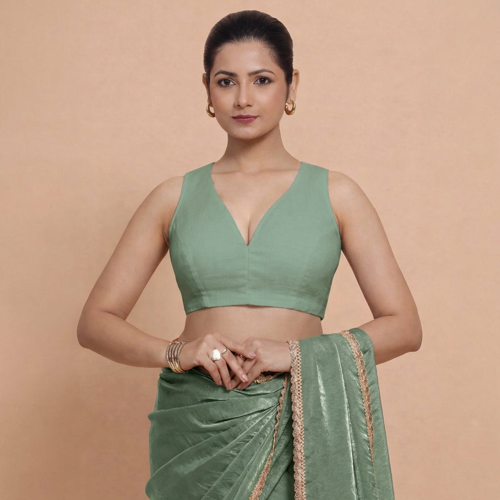 Amaira x Rozaana Saree Blouse, in Green 70% Cotton 30% Linen, featuring sleeveless and betel neckline.