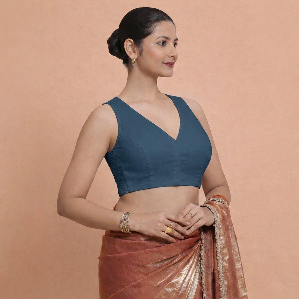Amaira x Rozaana | Sleeveless Regal Blue Linen Saree Blouse