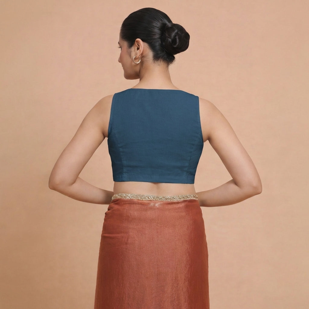 Amaira x Rozaana Saree Blouse, in Blue 70% Cotton 30% Linen, featuring sleeveless and betel neckline (view 2).