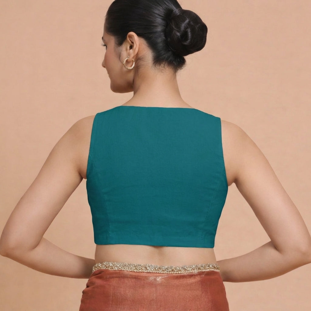 Amaira x Rozaana Saree Blouse, in Blue 70% Cotton 30% Linen, featuring sleeveless and betel neckline (view 2).