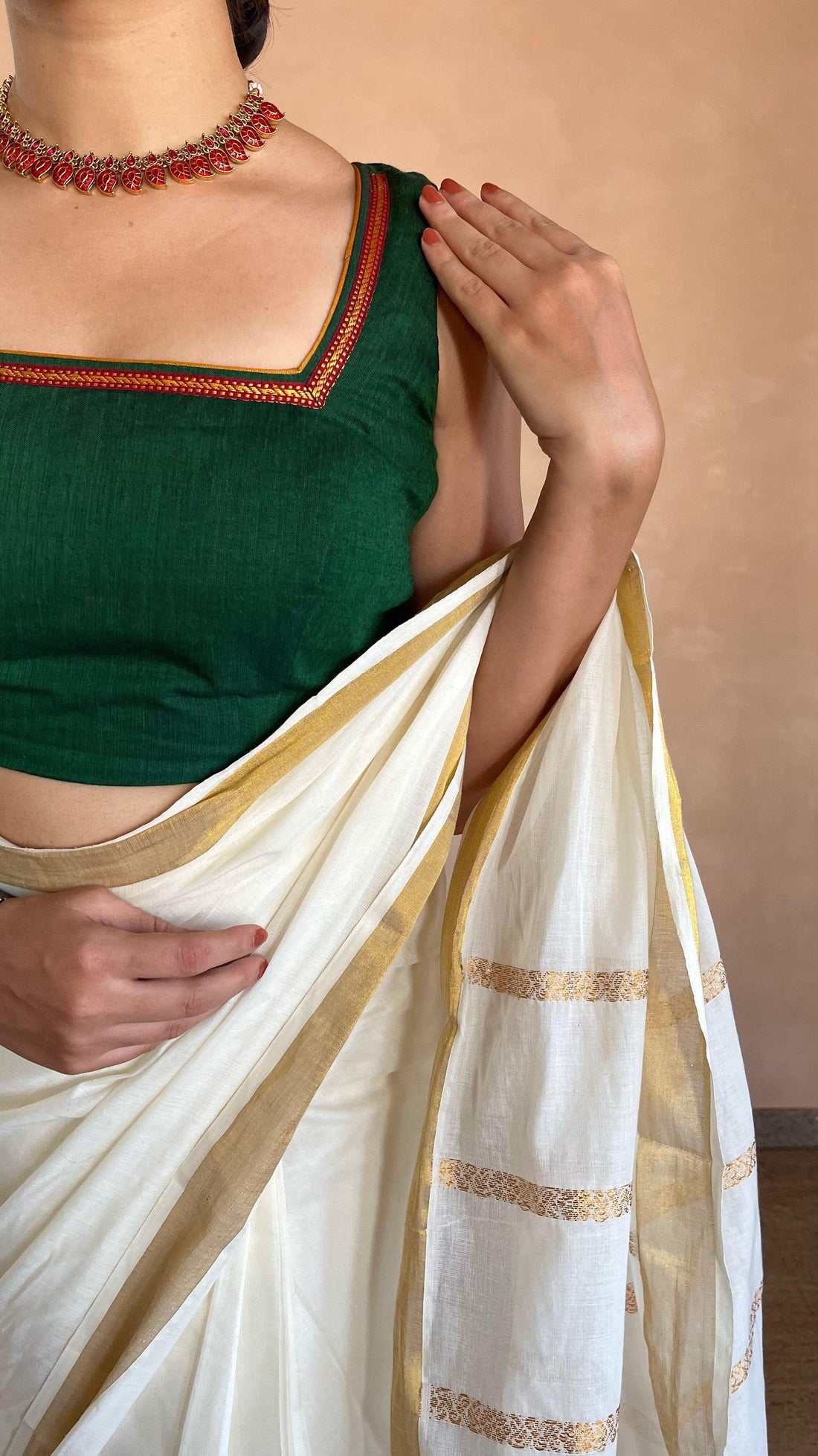 Amala x Tyohaar Saree Blouse, in Green Cotton, featuring sleeveless, made for party & festive (view 7).