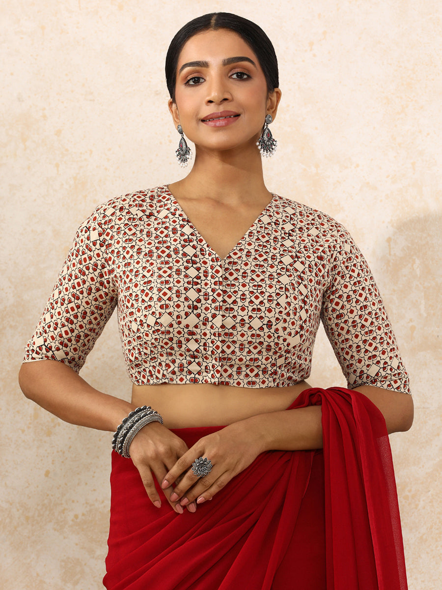 Ami x Rozaana Saree Blouse, in Cream 100% Cotton - Block Printed, featuring elbow sleeves and v-neckline (view 5).