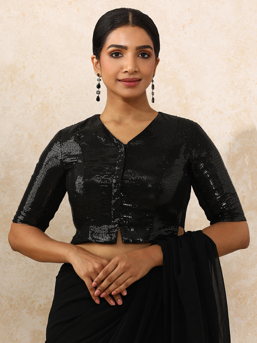 Amina x Tyohaar Saree Blouse, in Black Sequin Fabric, featuring elbow sleeves and v-neckline, made for party & festive (view 5).