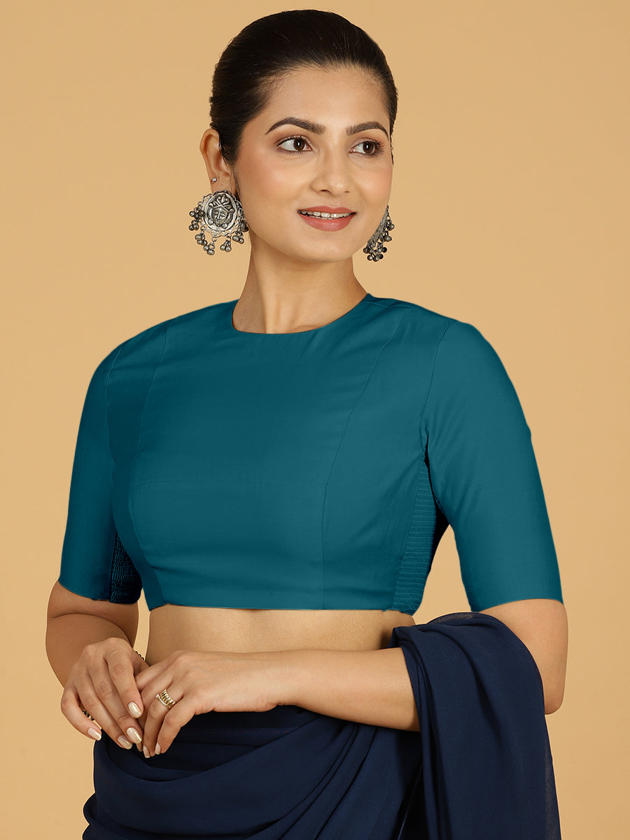 Amisha x Rozaana Saree Blouse, in Blue Viscose, featuring elbow sleeves and jewel neckline, made for daily & work (view 6).