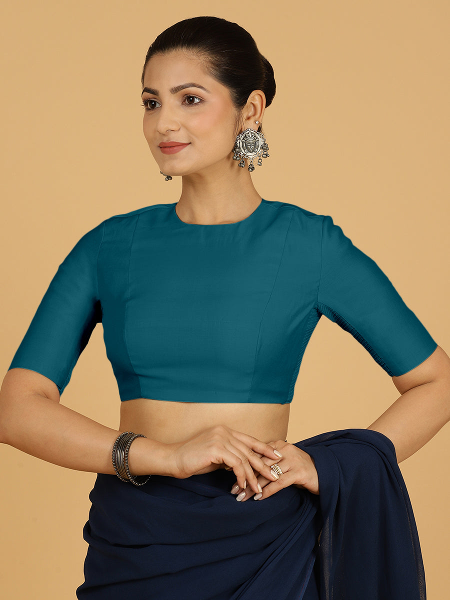 Amisha x Rozaana Saree Blouse, in Blue Viscose, featuring elbow sleeves and jewel neckline, made for daily & work (view 7).