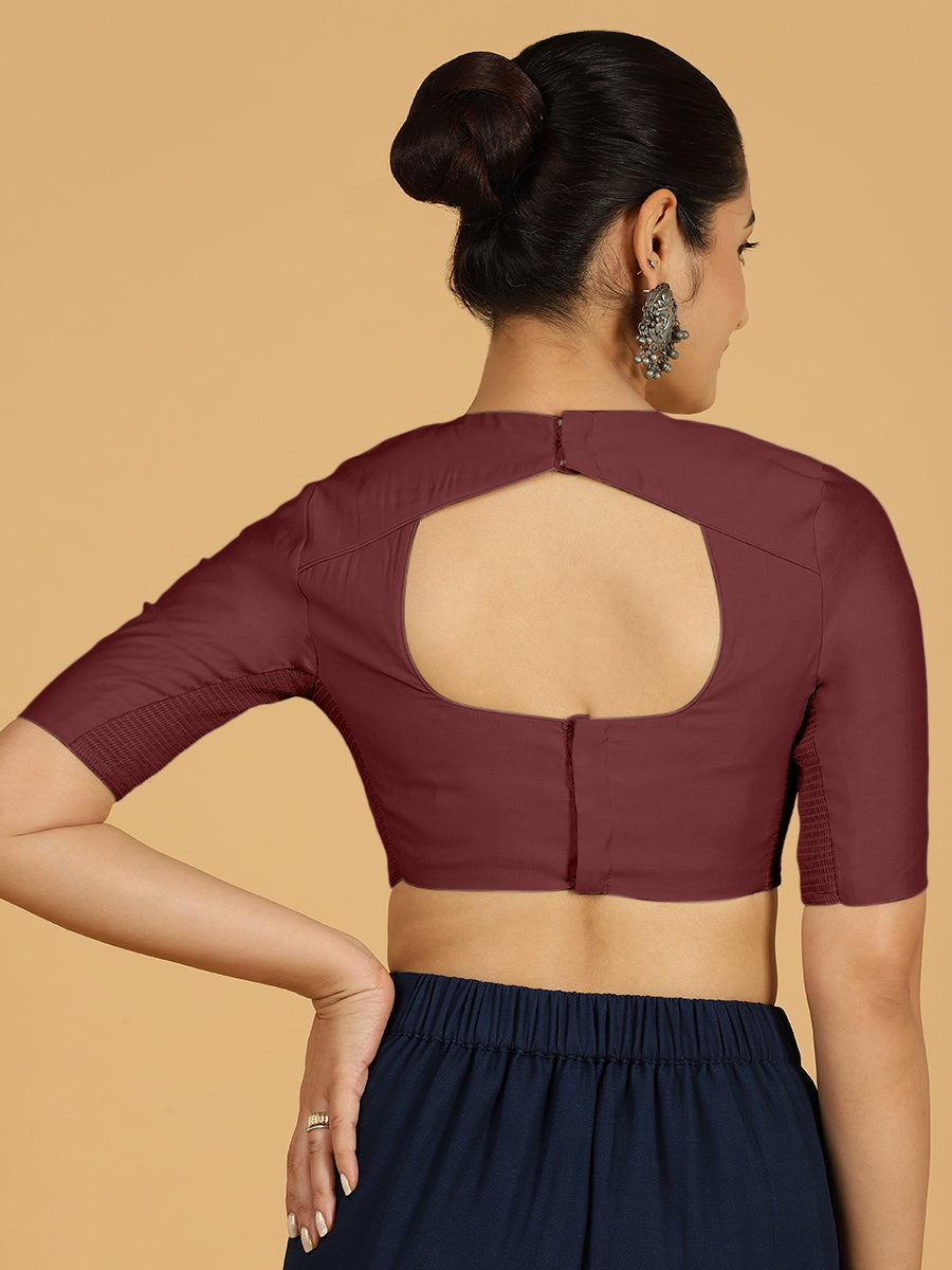 Amisha x Rozaana Saree Blouse, in Maroon Viscose, featuring elbow sleeves and jewel neckline, made for daily & work (view 2).