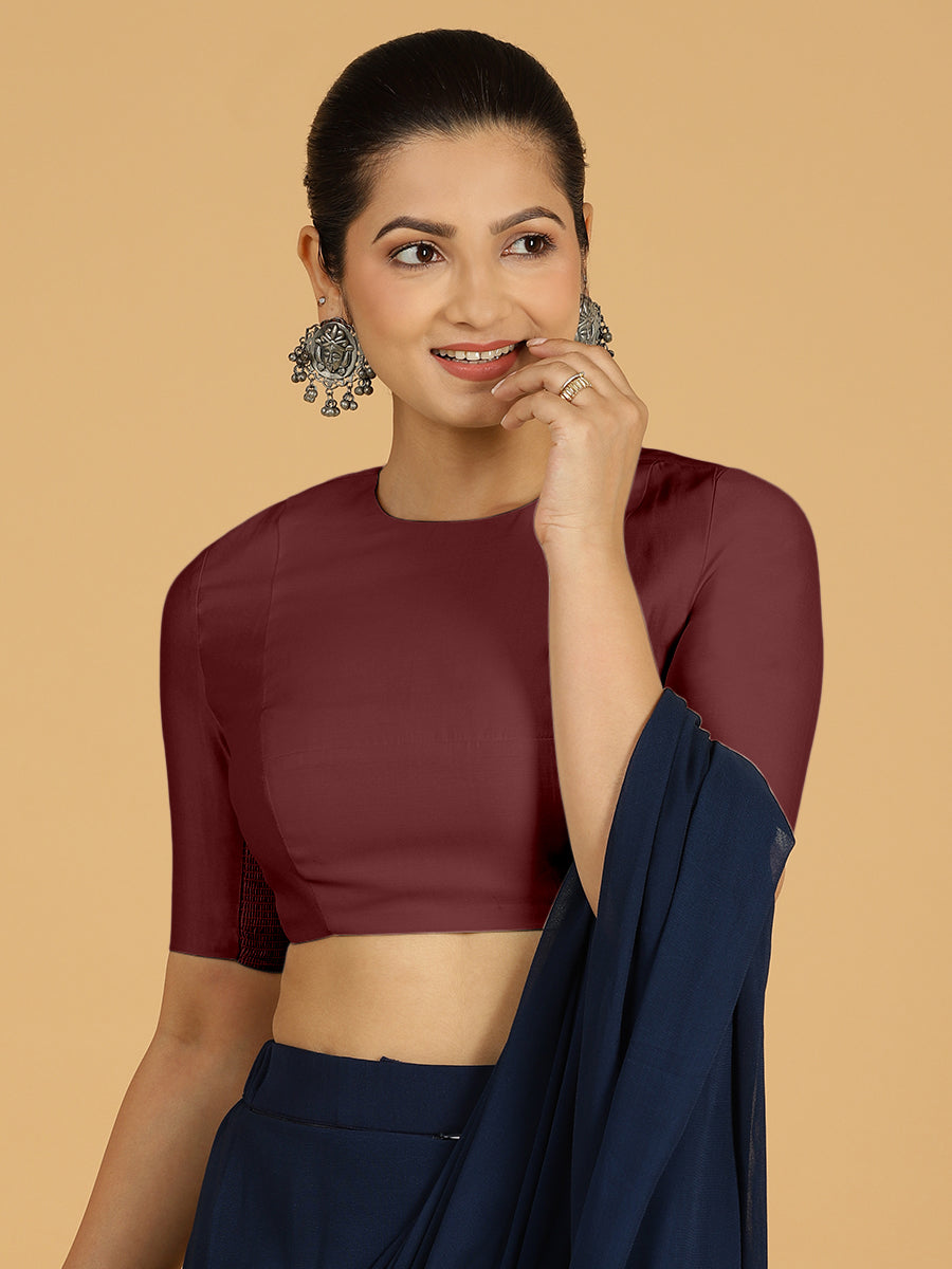 Amisha x Rozaana Saree Blouse, in Maroon Viscose, featuring elbow sleeves and jewel neckline, made for daily & work (view 7).