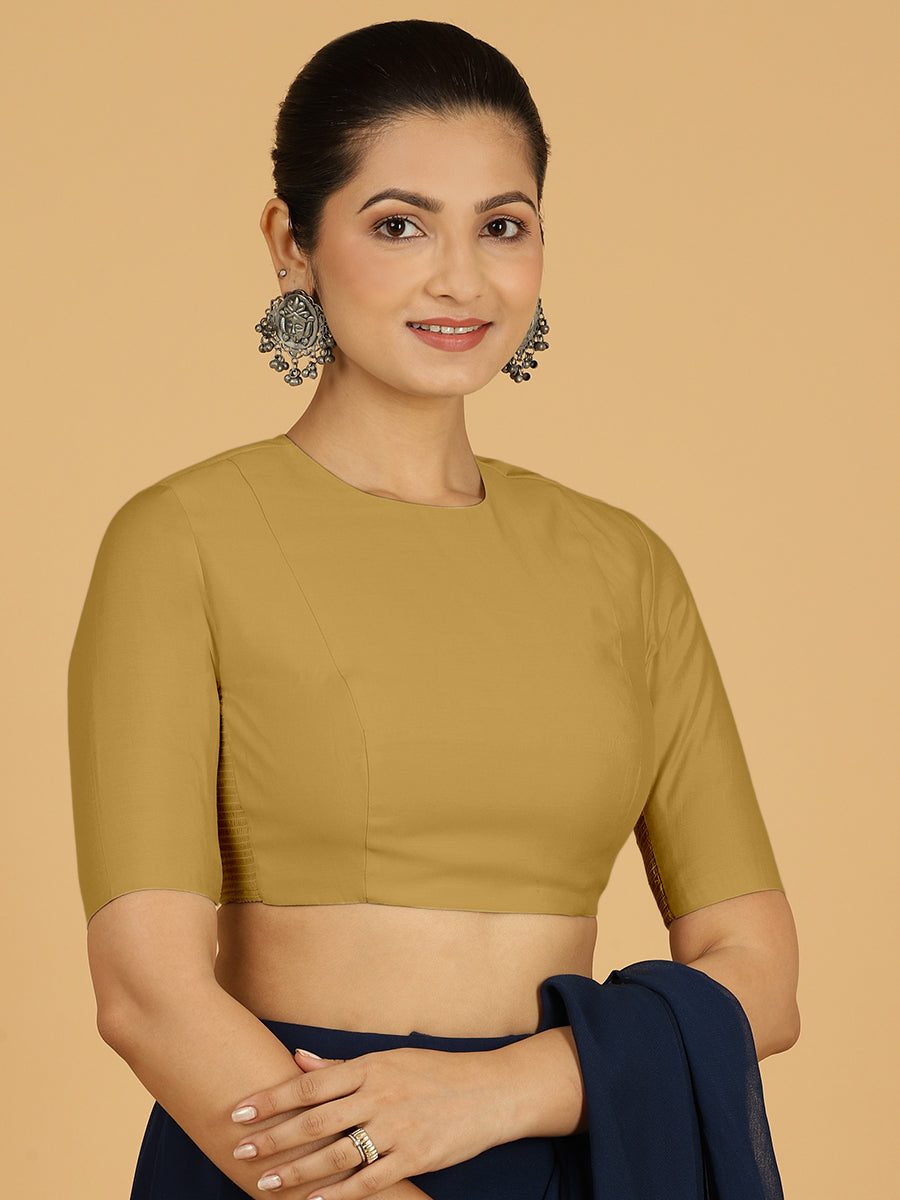 Amisha x Rozaana Saree Blouse, in Yellow Viscose, featuring elbow sleeves and jewel neckline, made for daily & work (view 5).