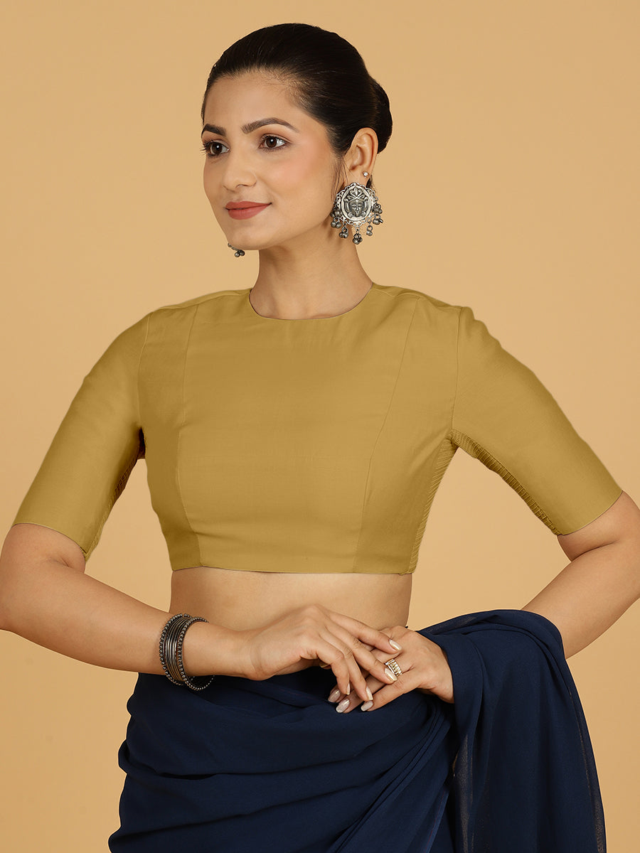 Amisha x Rozaana Saree Blouse, in Yellow Viscose, featuring elbow sleeves and jewel neckline, made for daily & work (view 6).