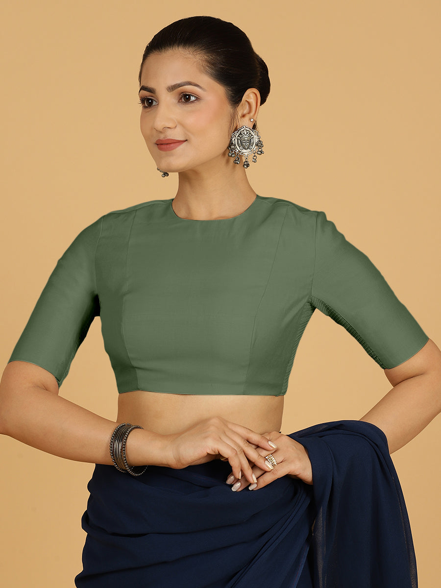 Amisha x Rozaana Saree Blouse, in Green Viscose, featuring elbow sleeves and jewel neckline, made for daily & work.