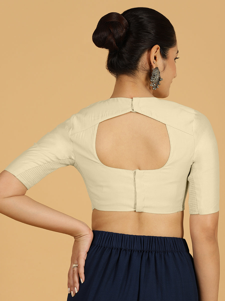 Amisha x Rozaana Saree Blouse, in White Viscose, featuring elbow sleeves and jewel neckline, made for daily & work (view 2).