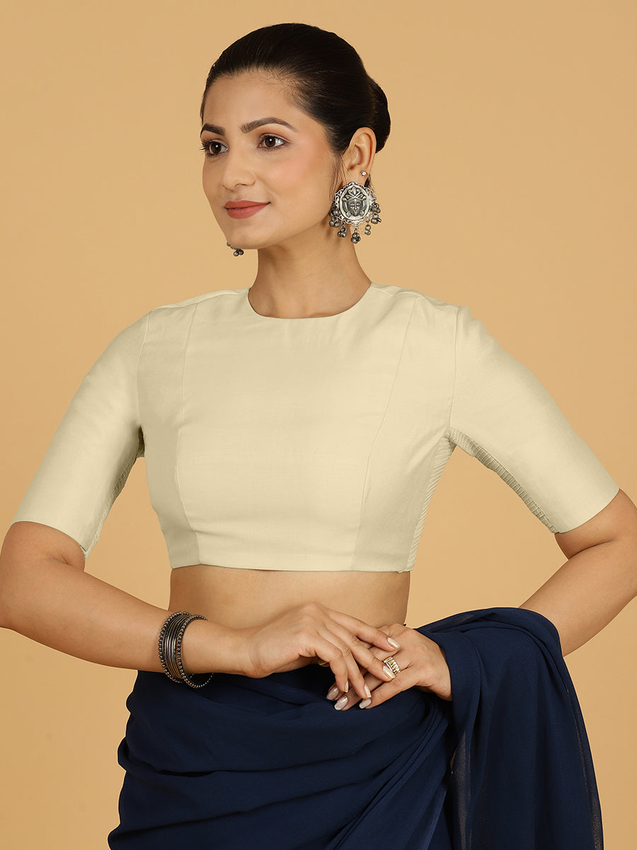 Amisha x Rozaana Saree Blouse, in White Viscose, featuring elbow sleeves and jewel neckline, made for daily & work (view 7).