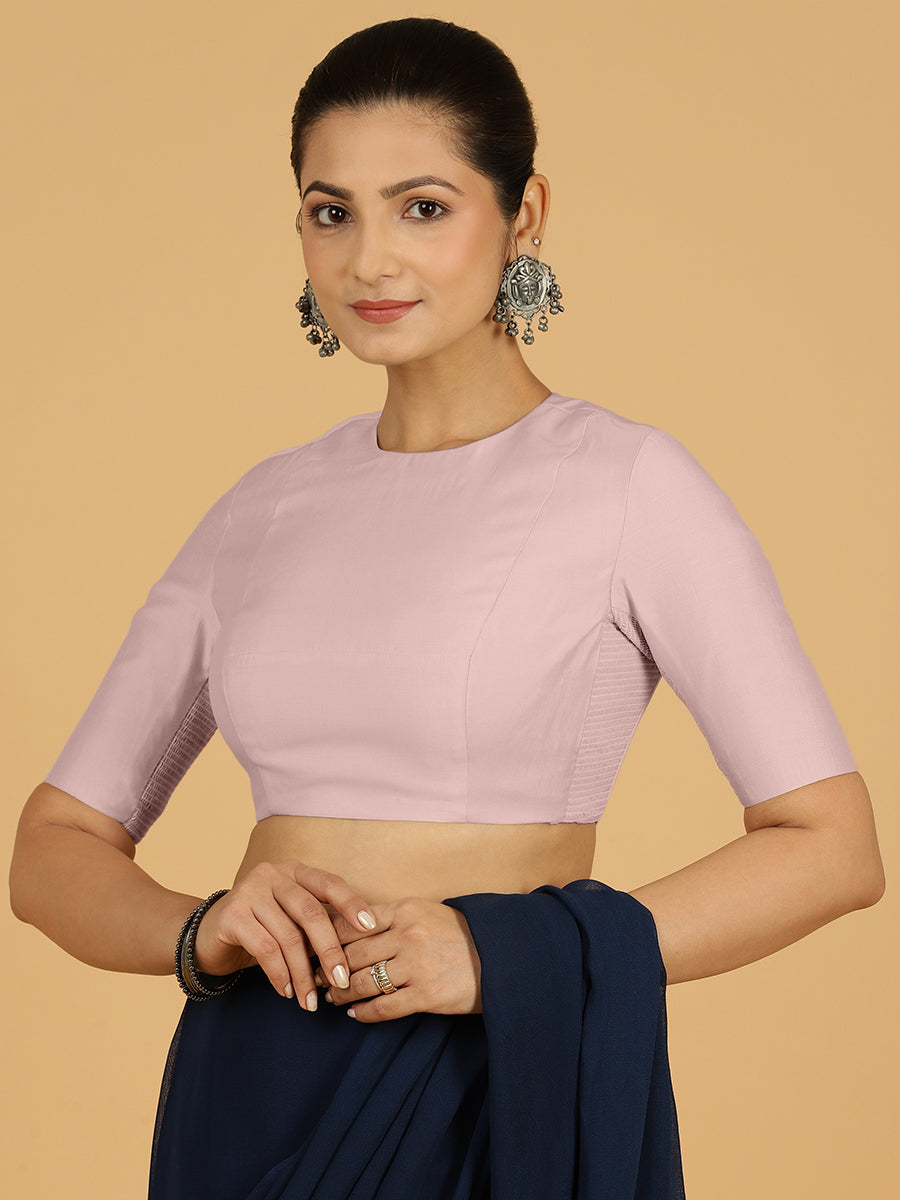 Amisha x Rozaana Saree Blouse, in Pink Viscose, featuring elbow sleeves and jewel neckline, made for daily & work.